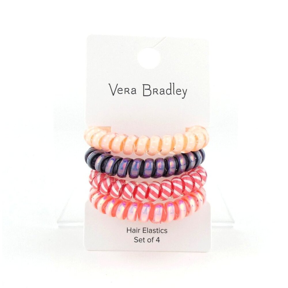 Vera Bradley Rainforest Lily Coral Spiral‎ Hair Elastics Set of 4 NWT